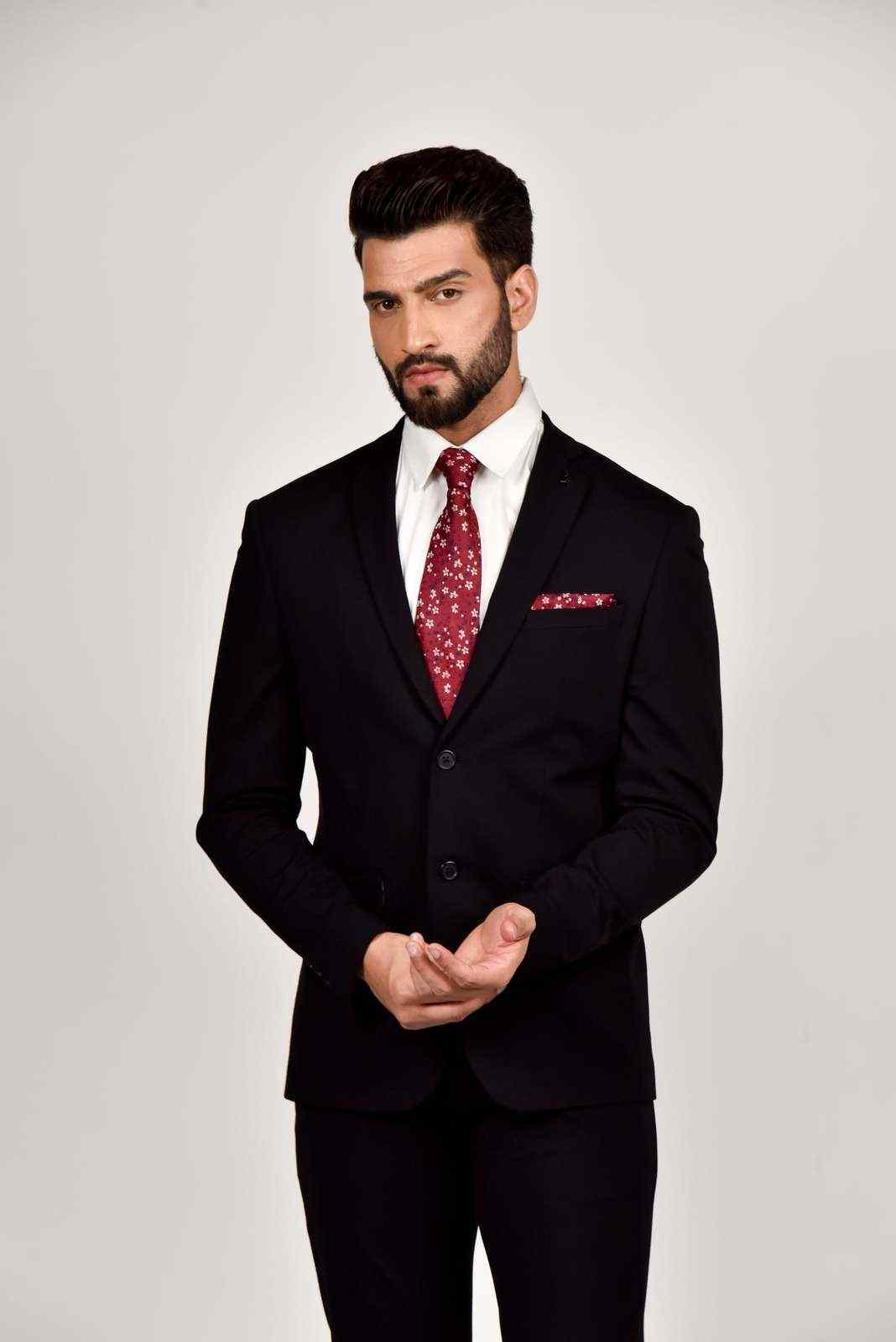 Black Knitted 2 Pc Suit With Stretch house-of-united