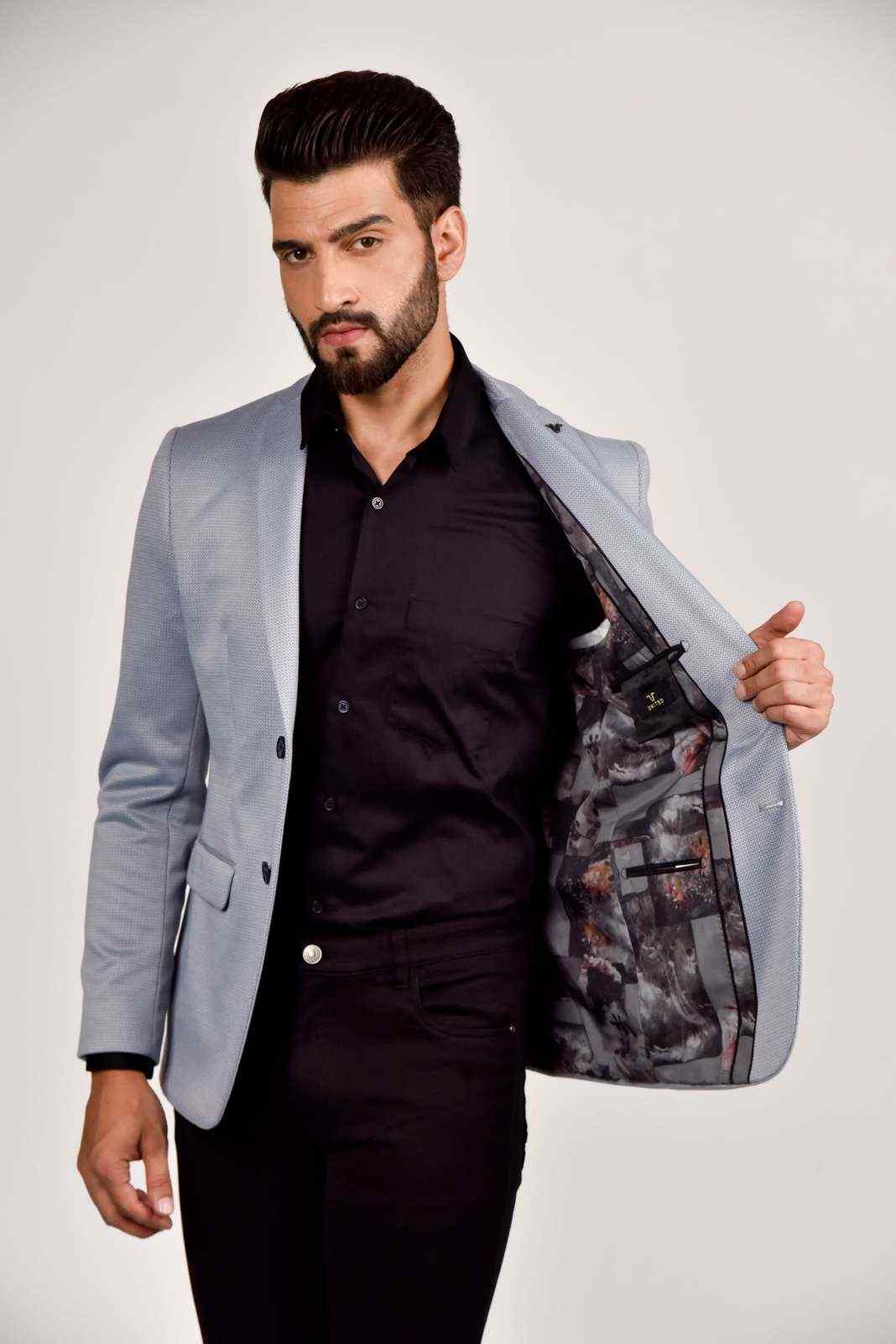 Blue Knitted Blazer For Outings house-of-united