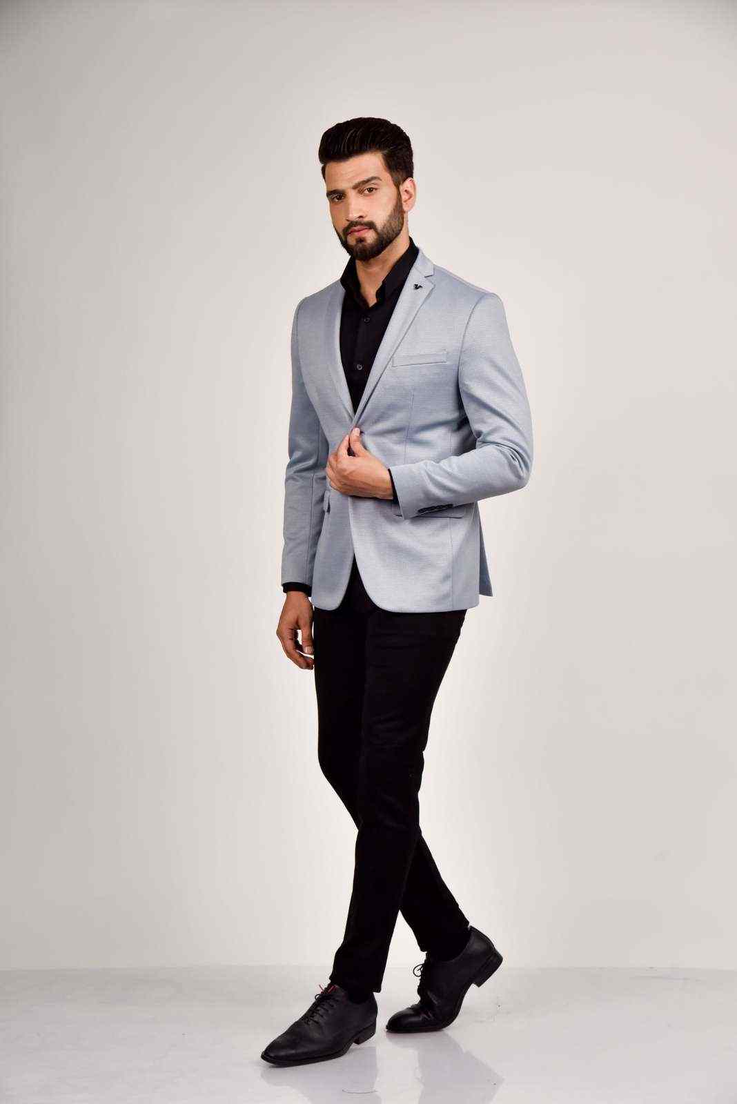 Blue Knitted Blazer For Outings house-of-united