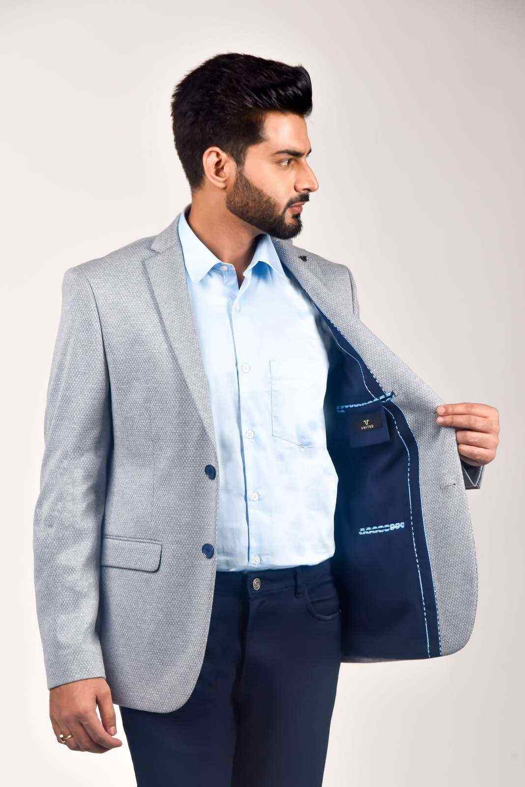 Blue Knitted Office Blazer house-of-united
