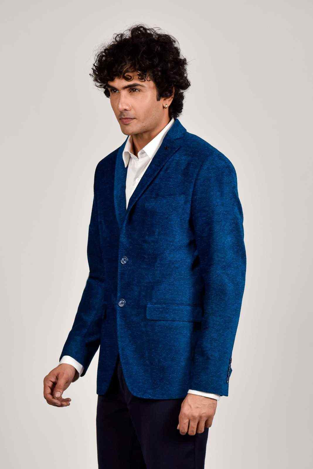 Blue Knitted Velvet Blazer house-of-united