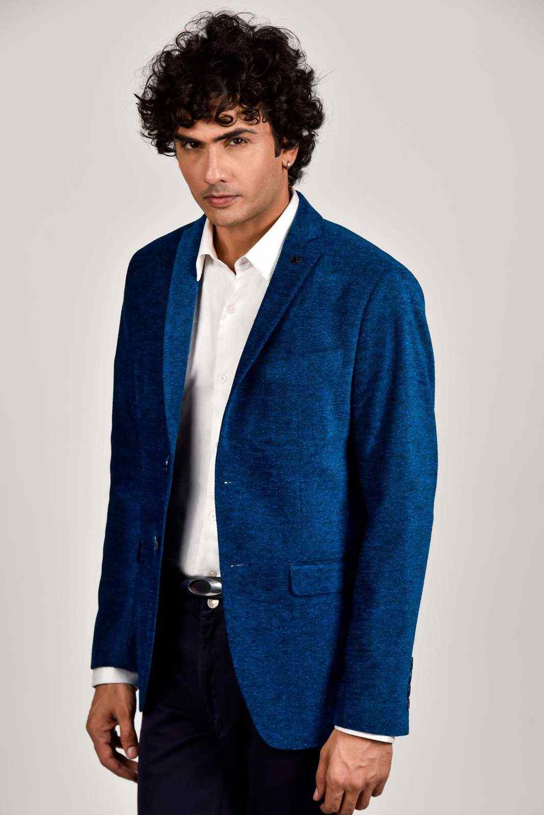 Blue Knitted Velvet Blazer house-of-united