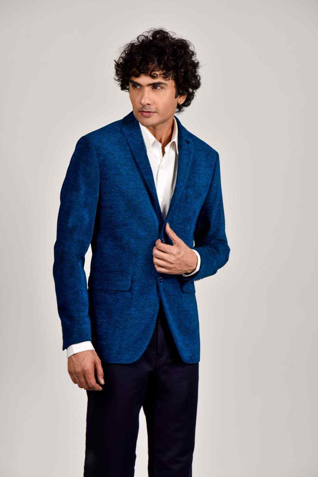 Blue Knitted Velvet Blazer house-of-united