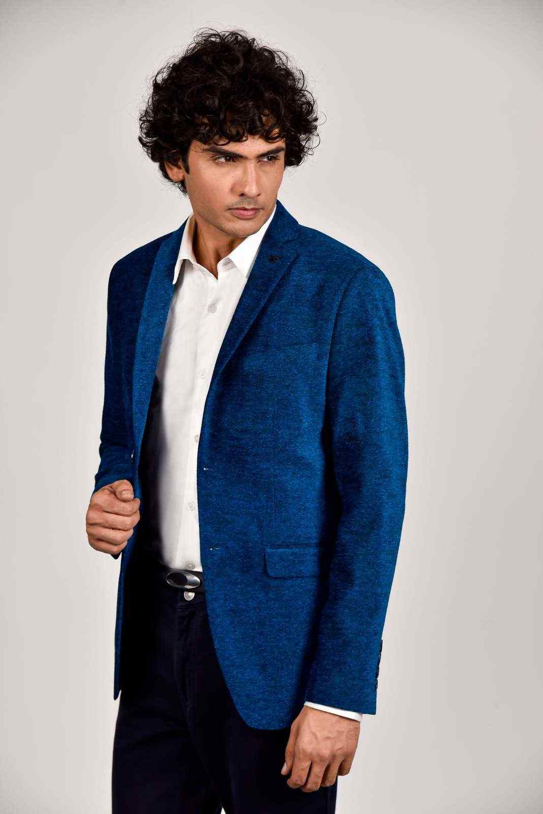 Blue Knitted Velvet Blazer house-of-united