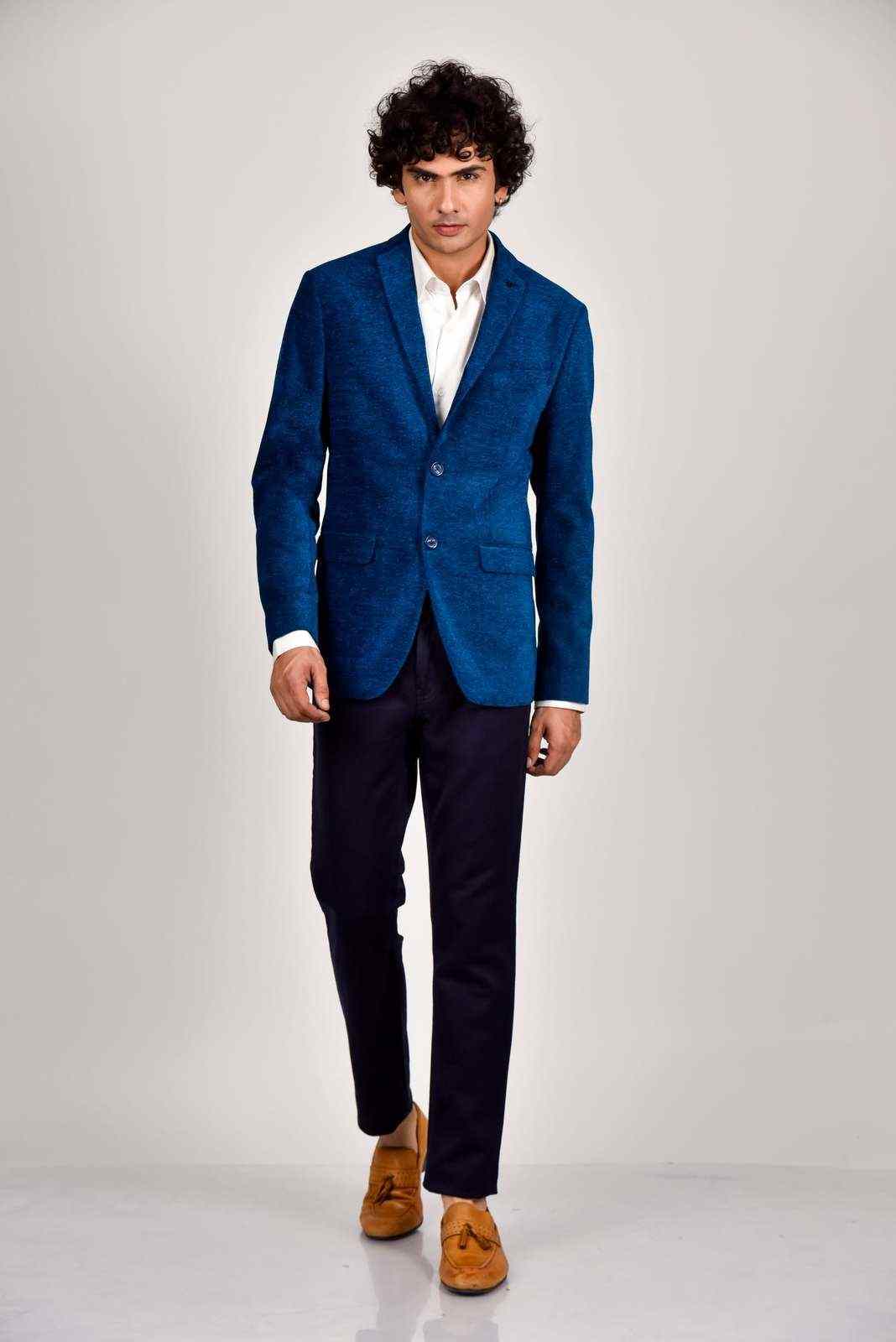 Blue Knitted Velvet Blazer house-of-united