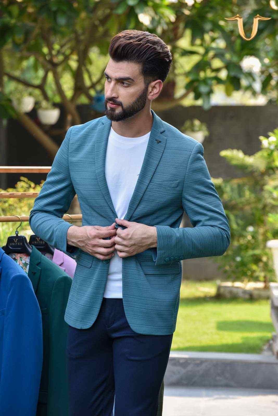Blue Stretch Knitted Blazer house-of-united