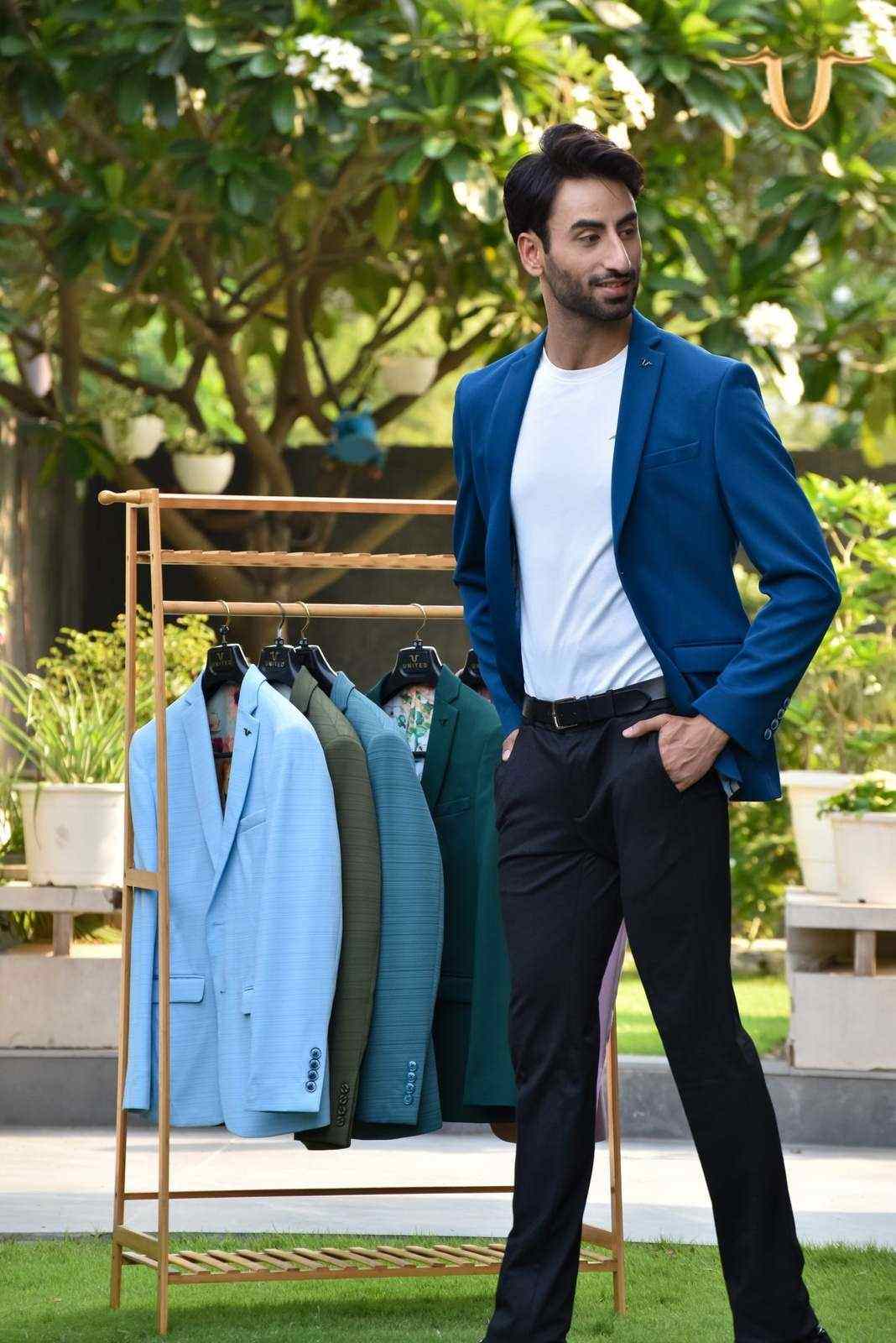 Blue Stretch Knitted Blazer house-of-united