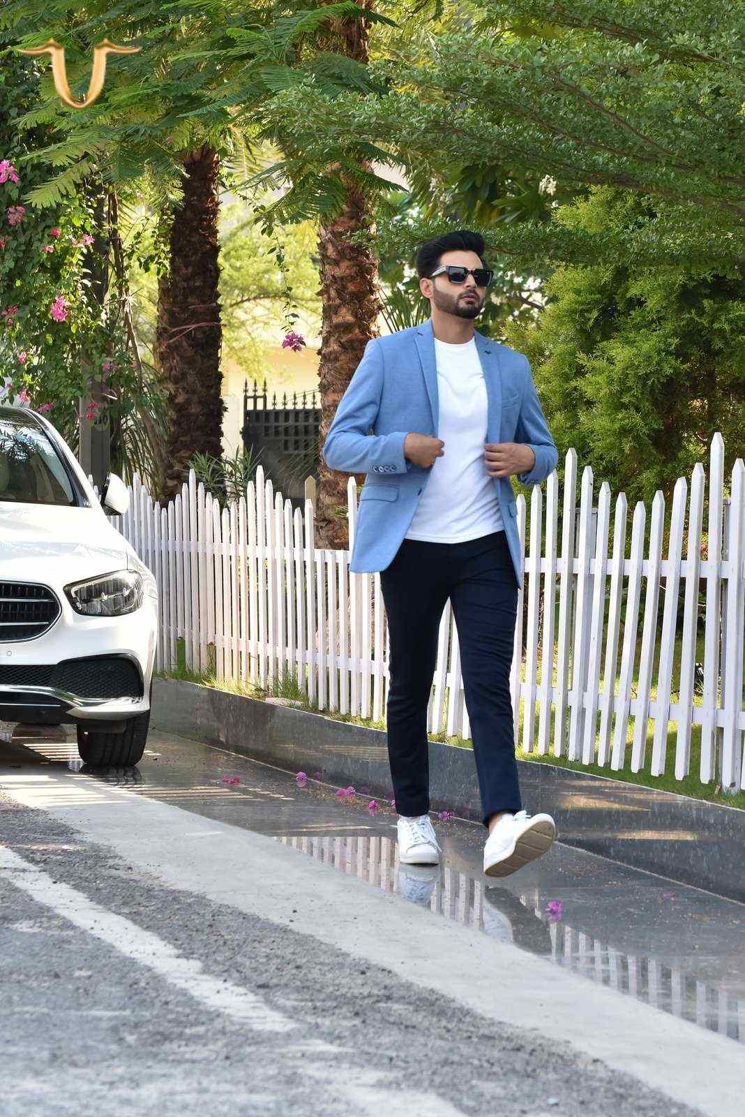 Blue Stretch Knitted Blazer house-of-united
