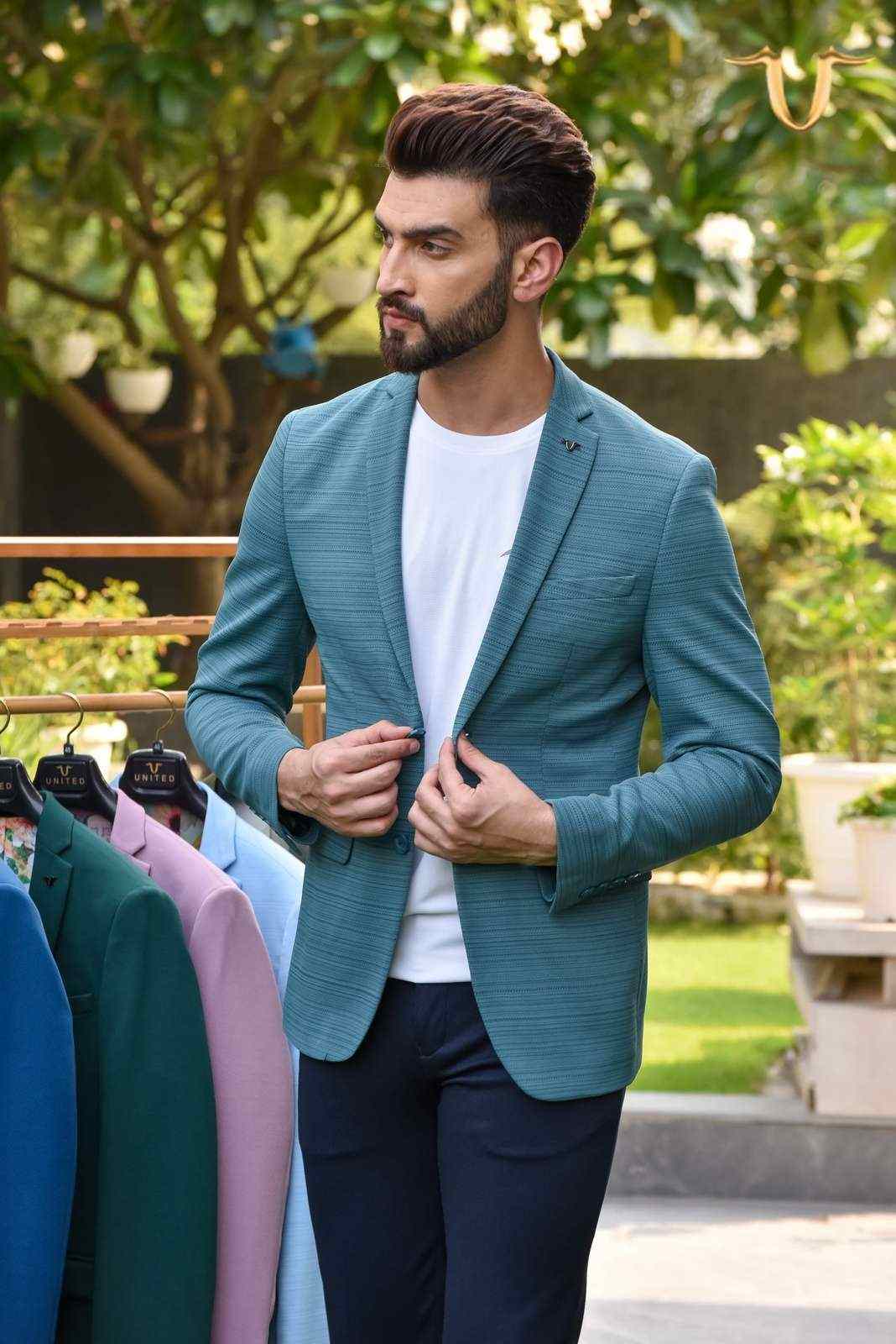 Blue Stretch Knitted Blazer house-of-united