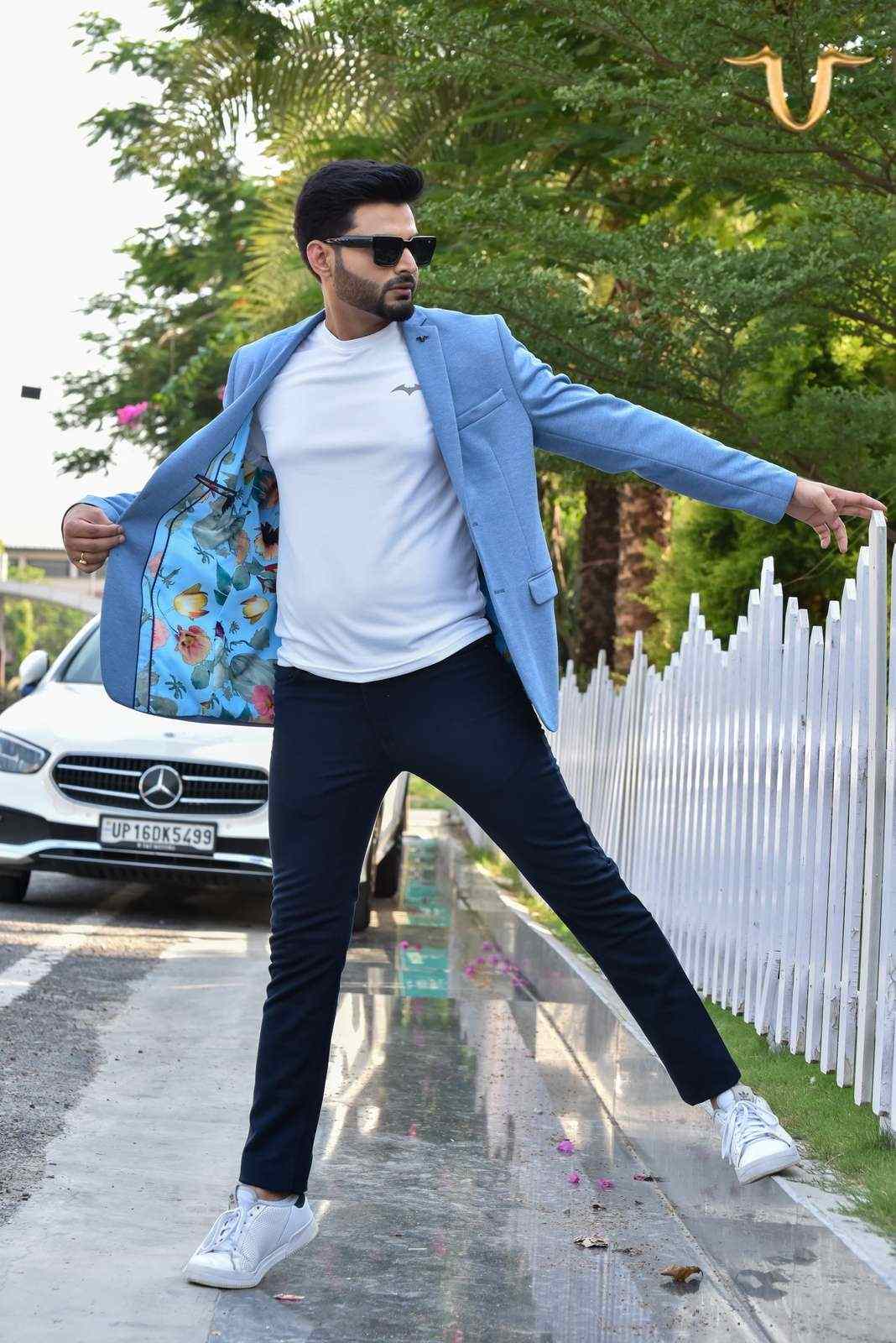 Blue Stretch Knitted Blazer house-of-united