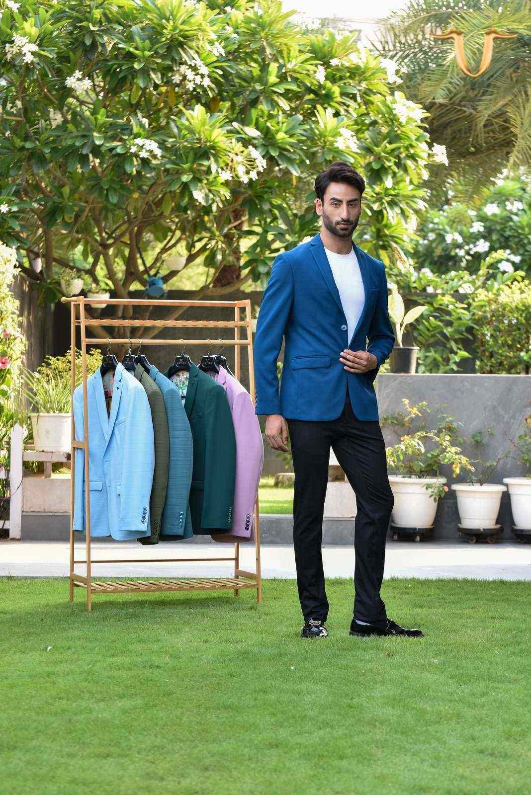 Blue Stretch Knitted Blazer house-of-united