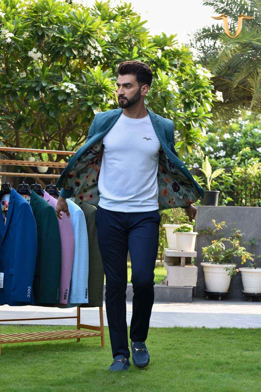 Blue Stretch Knitted Blazer house-of-united