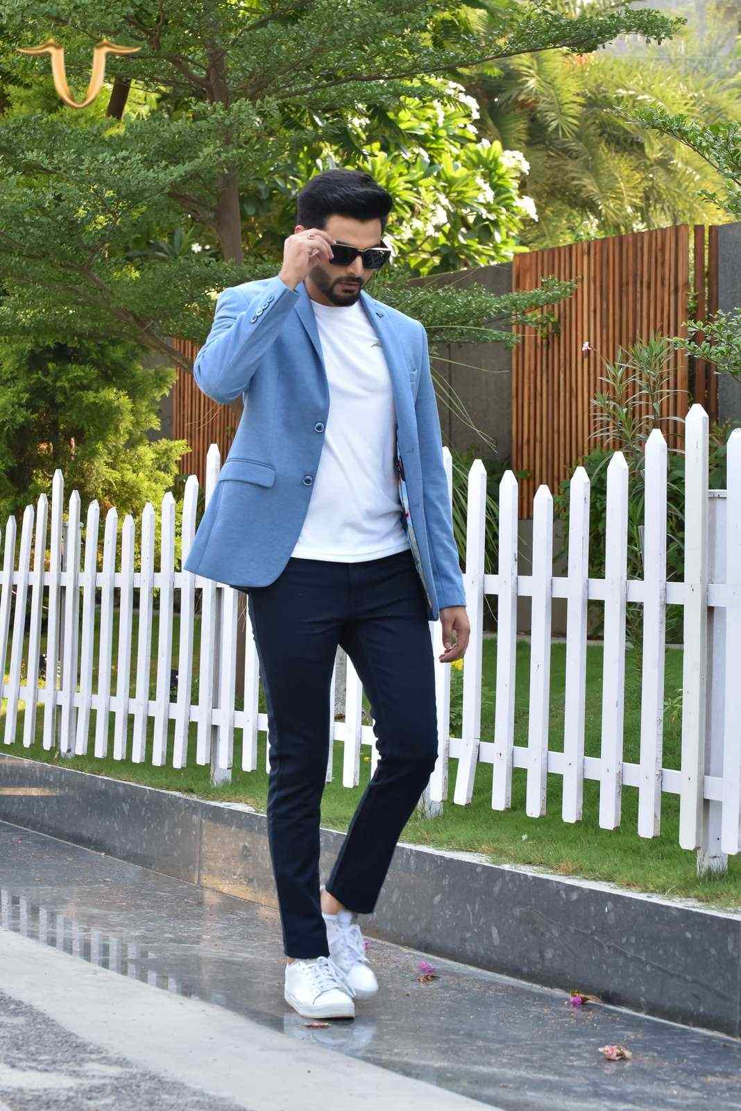 Blue Stretch Knitted Blazer house-of-united