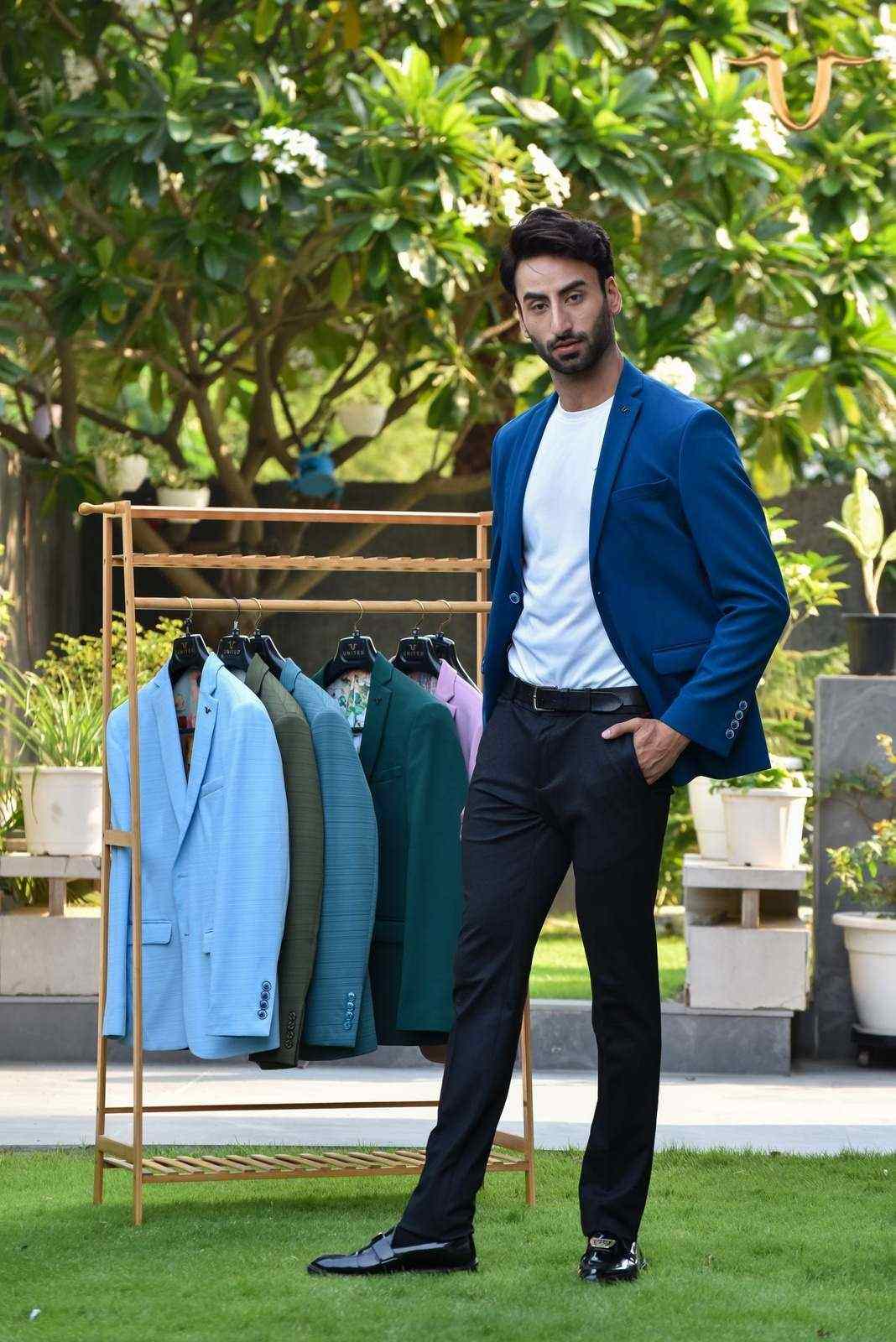 Blue Stretch Knitted Blazer house-of-united