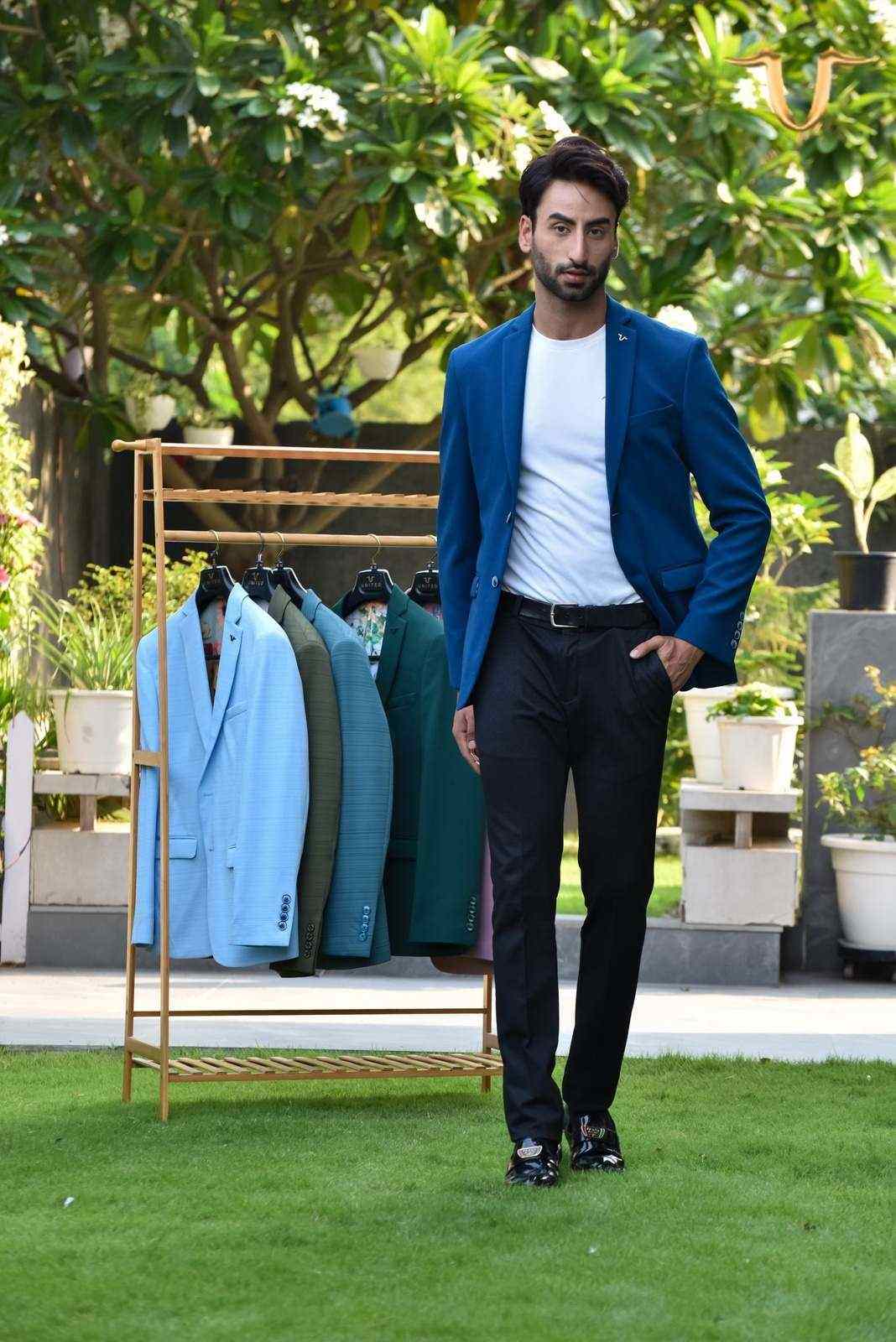 Blue Stretch Knitted Blazer house-of-united