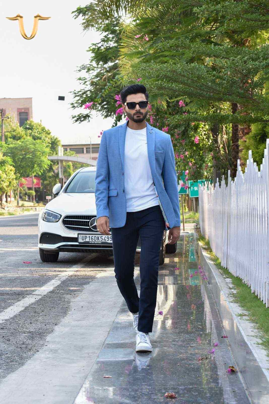 Blue Stretch Knitted Blazer house-of-united