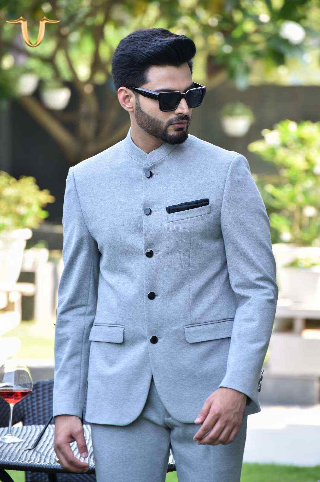 Light Grey Knitted 2 Pc Bandhgala Suit house-of-united