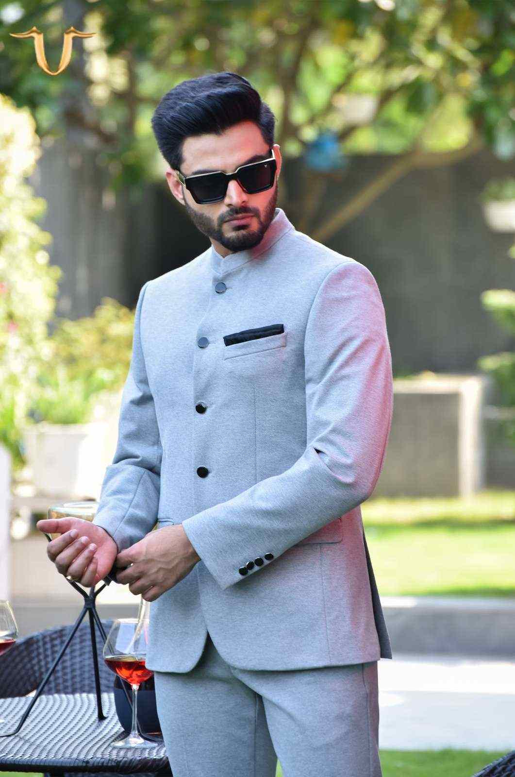 Light Grey Knitted 2 Pc Bandhgala Suit house-of-united