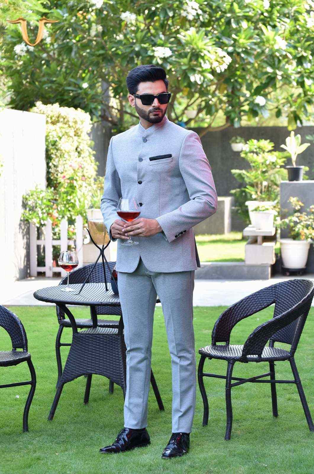 Light Grey Knitted 2 Pc Bandhgala Suit house-of-united
