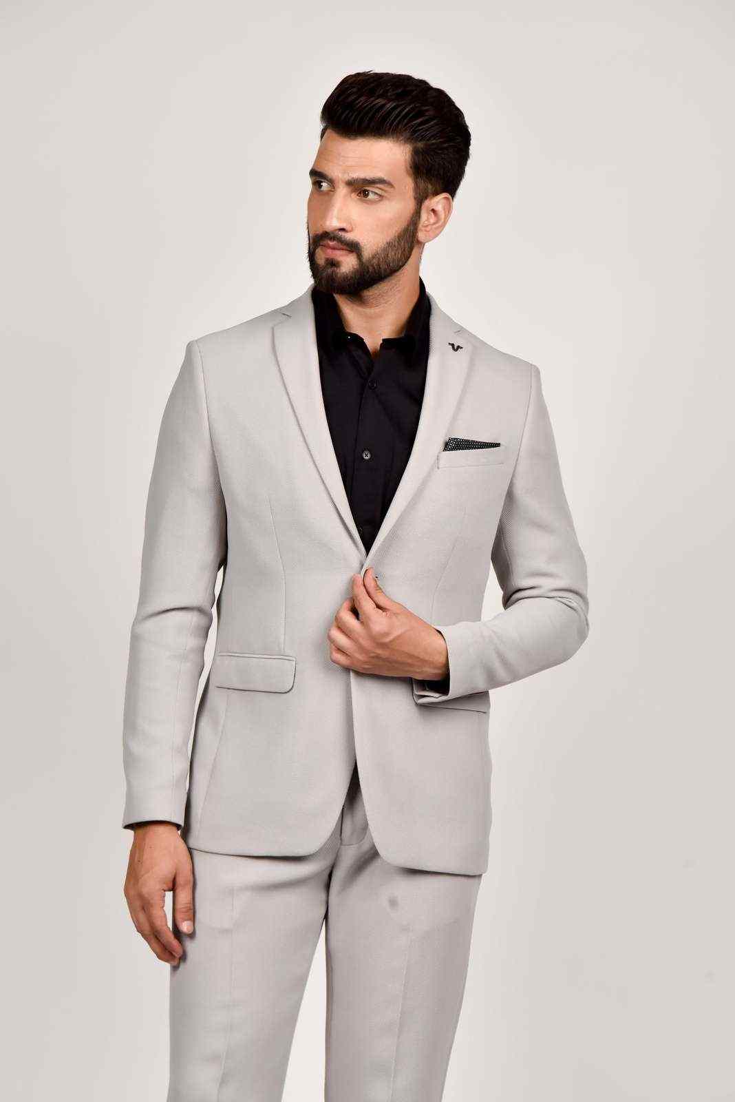 Light Grey Knitted 2 Pc Suit With Stretch house-of-united