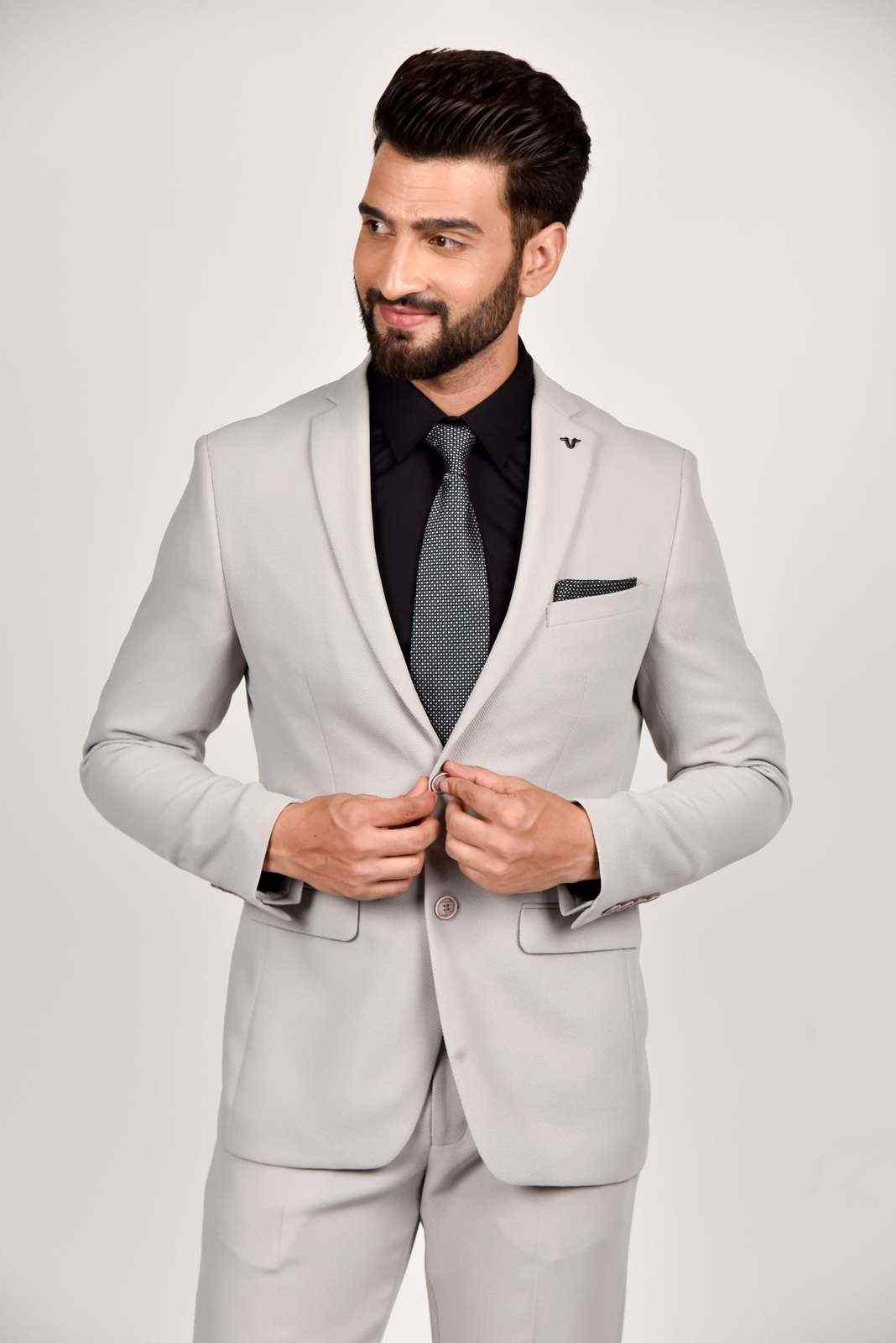 Light Grey Knitted 2 Pc Suit With Stretch house-of-united
