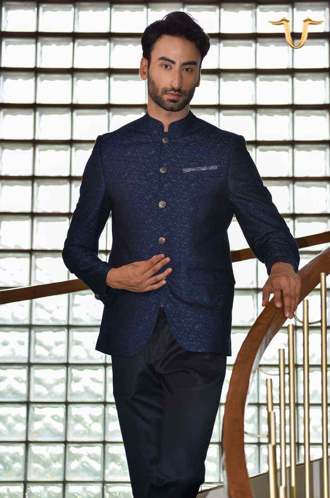 Navy 2 Pc Jacquard Bandhgala Suit house-of-united
