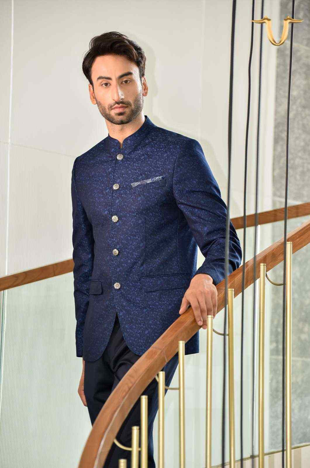 Navy 2 Pc Jacquard Bandhgala Suit house-of-united