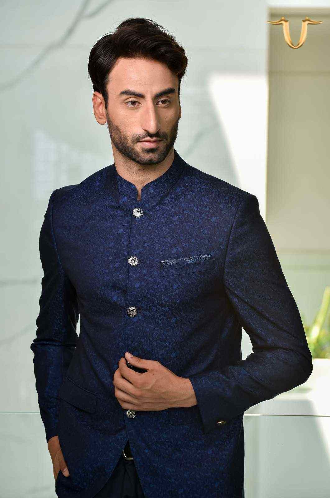 Navy 2 Pc Jacquard Bandhgala Suit house-of-united