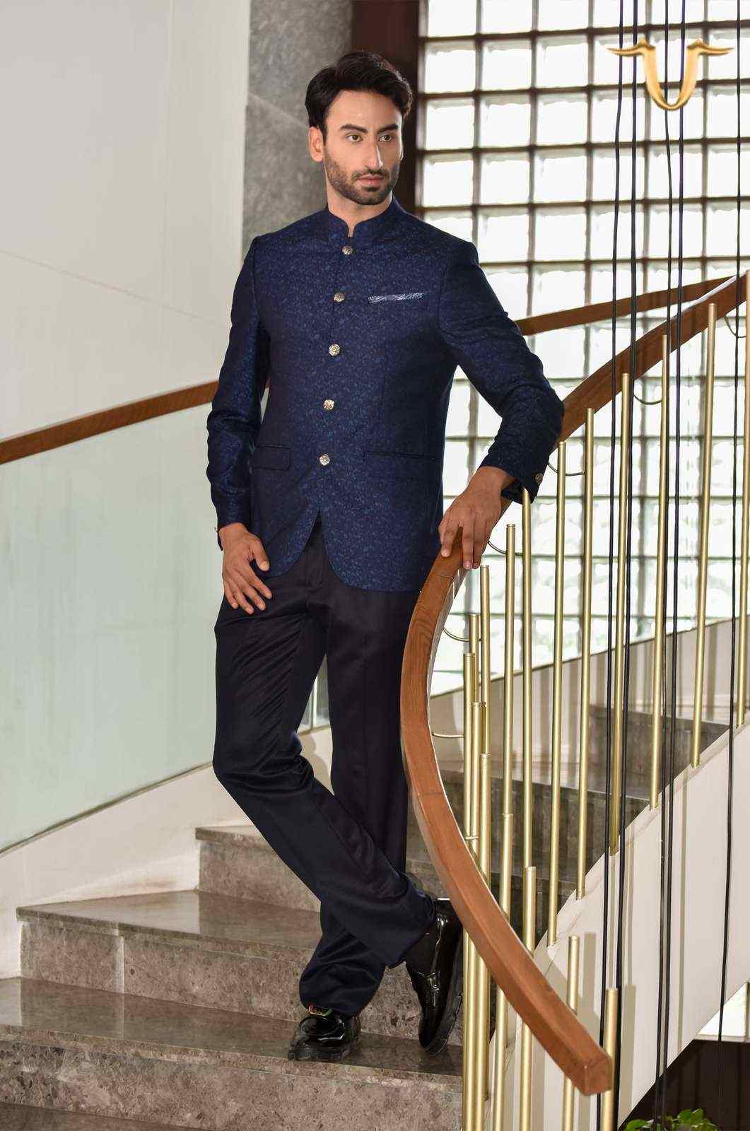 Navy 2 Pc Jacquard Bandhgala Suit house-of-united