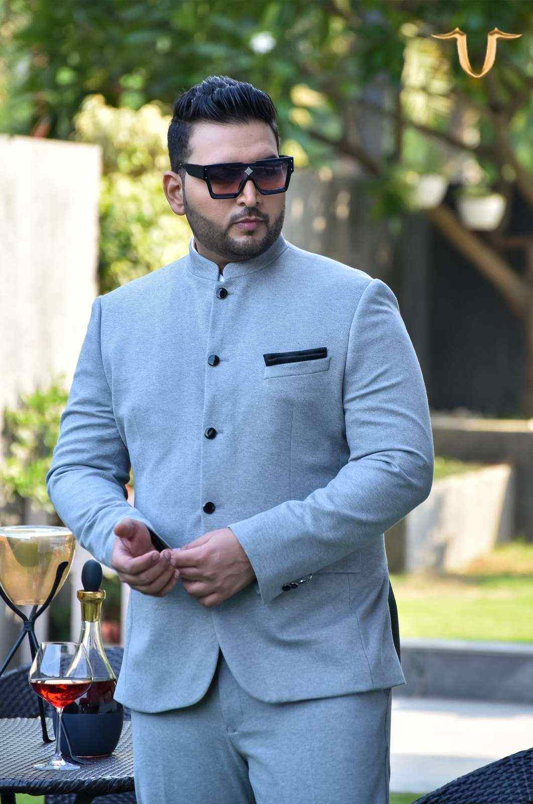 Light Grey Knitted 2 Pc Bandhgala Suit house-of-united