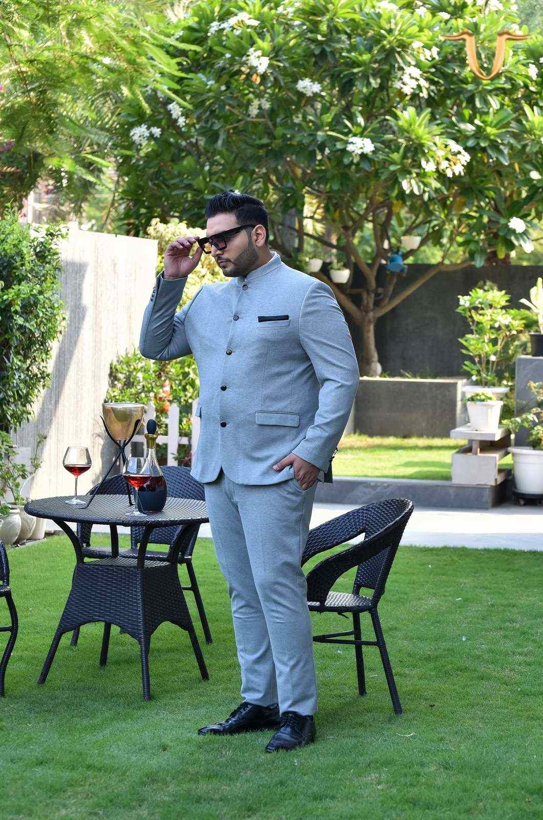 Light Grey Knitted 2 Pc Bandhgala Suit house-of-united
