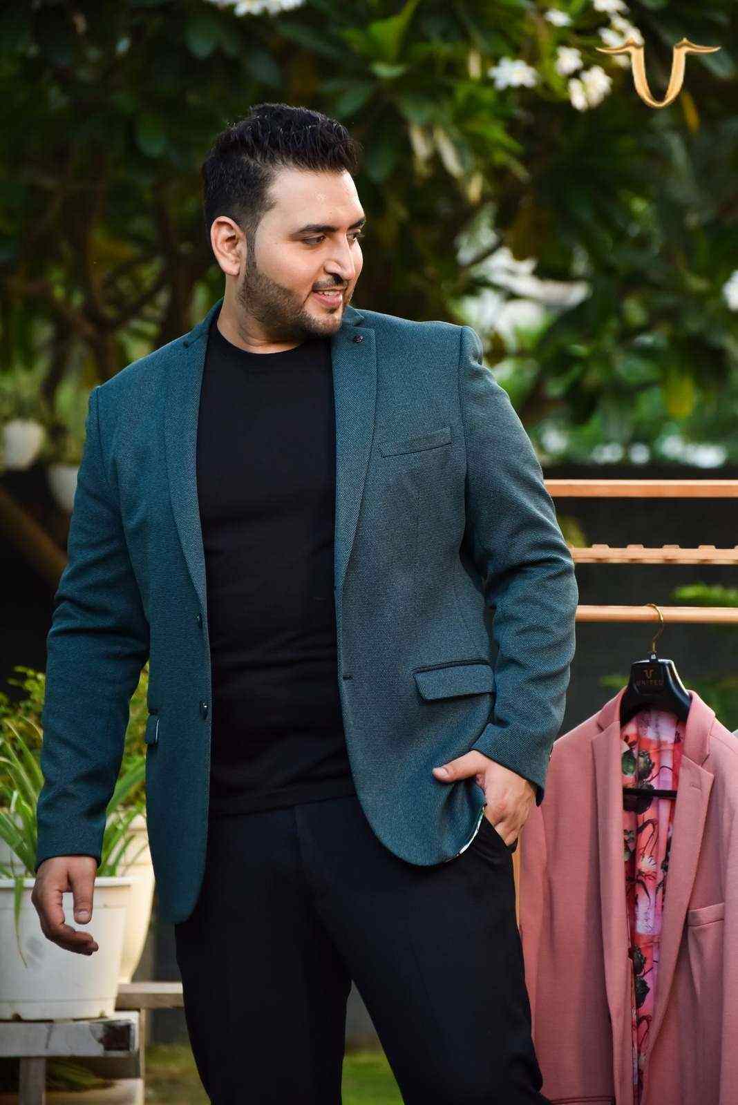 Teal Stretch Knitted Blazer house-of-united