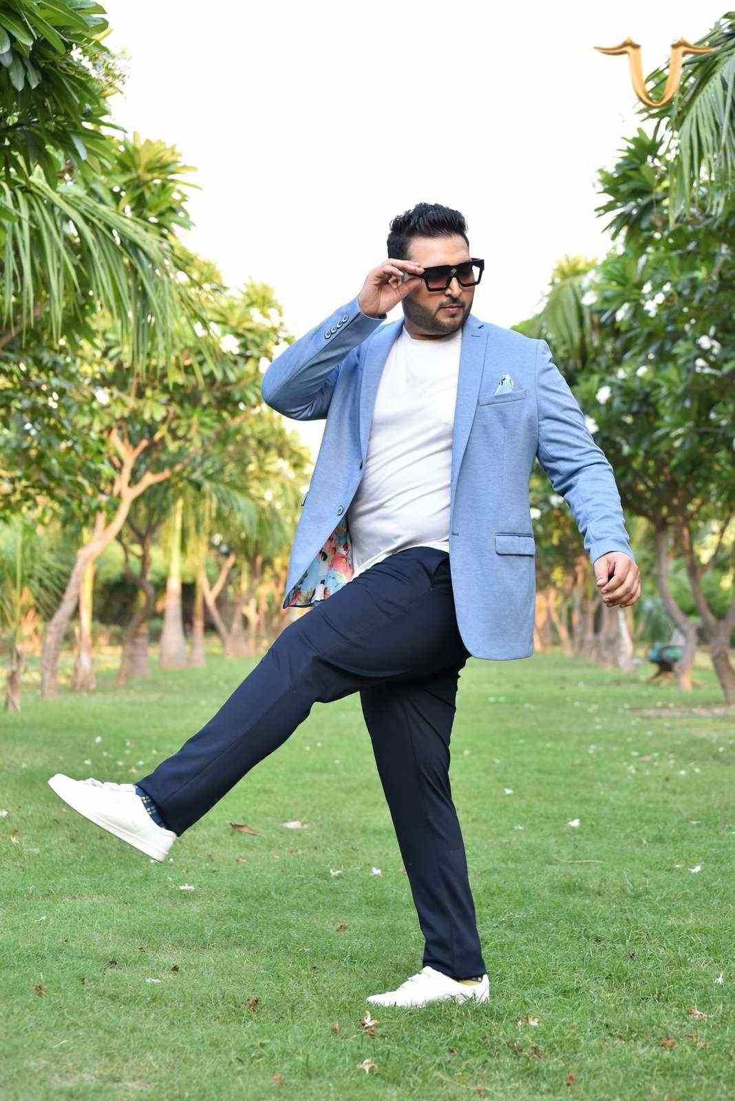 Plus size of Blue Knitted Blazer with Stretch - Main Image