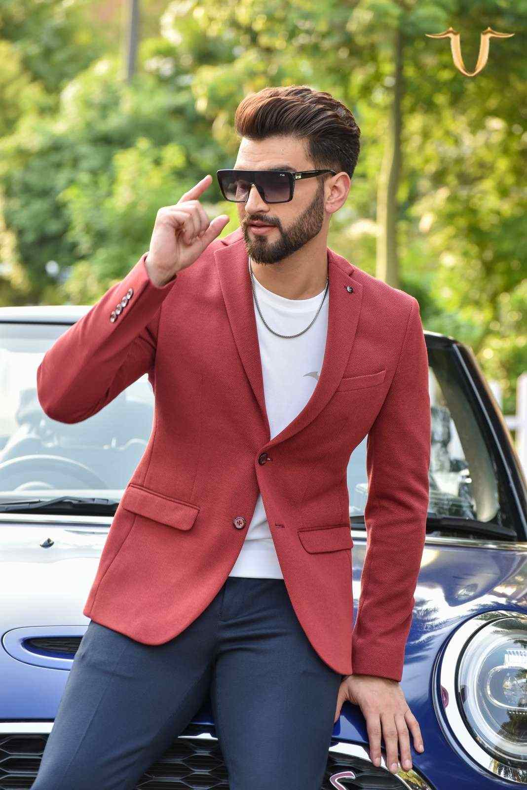 Red Twill Knitted Blazer house-of-united