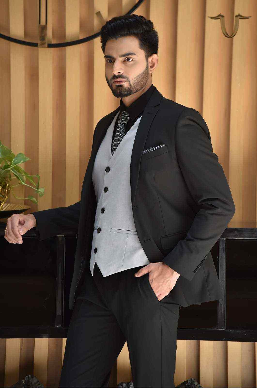 Black 3 Pc Formal Suit With Contrast Waistcoat house-of-united