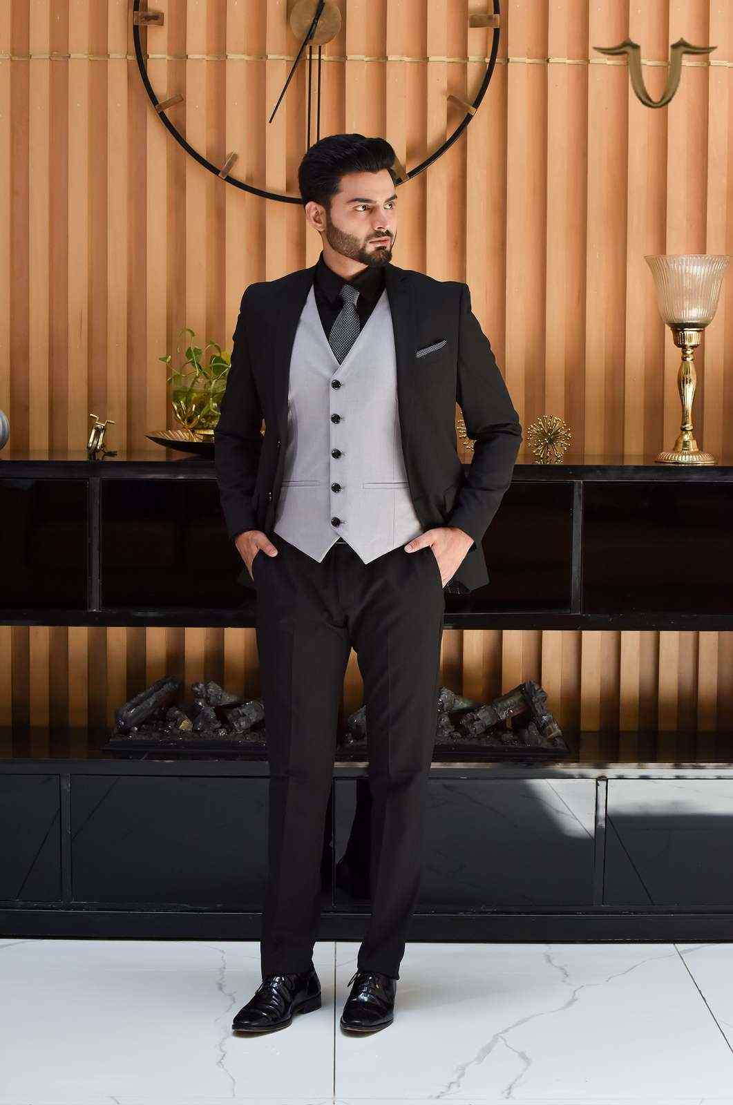 Black 3 Pc Formal Suit With Contrast Waistcoat house-of-united