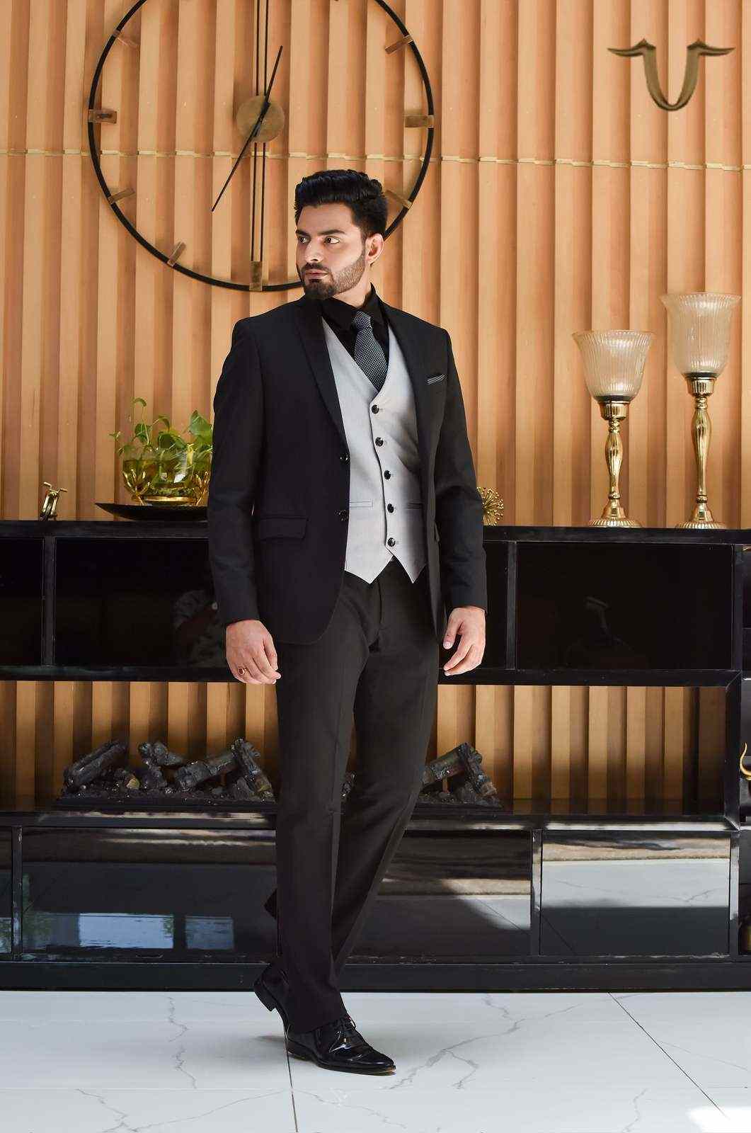 Black 3 Pc Formal Suit With Contrast Waistcoat house-of-united