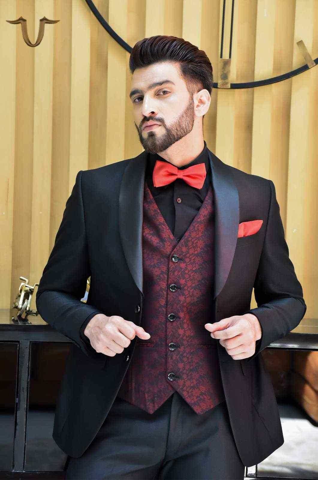 Black 3 Pc Partywear Suit With Contrast Waistcoat house-of-united