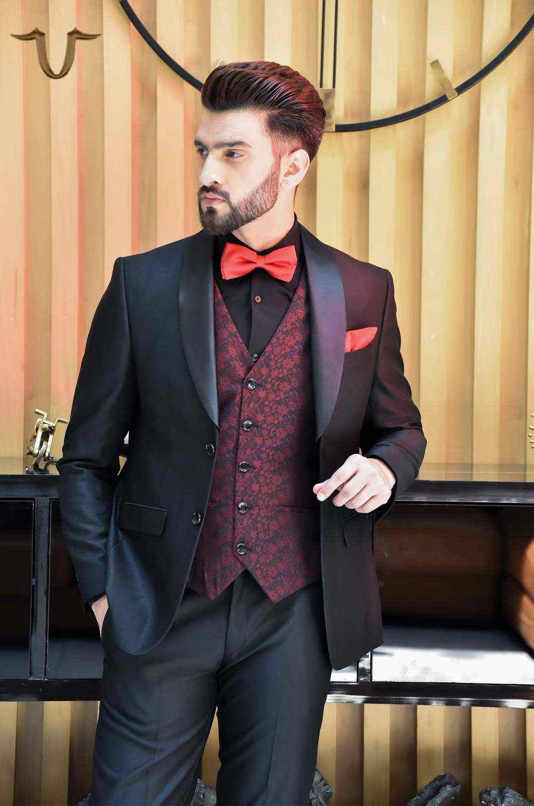 Black 3 Pc Partywear Suit With Contrast Waistcoat house-of-united