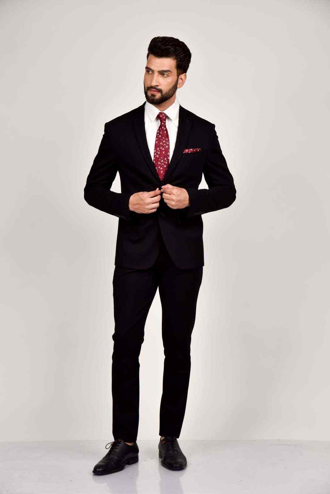 Black Knitted 2 Pc Suit With Stretch house-of-united