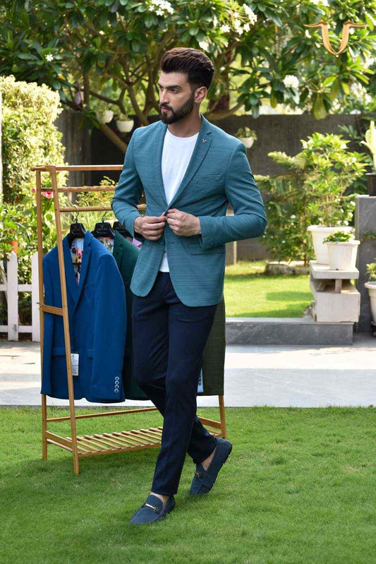 Blue Stretch Knitted Blazer house-of-united