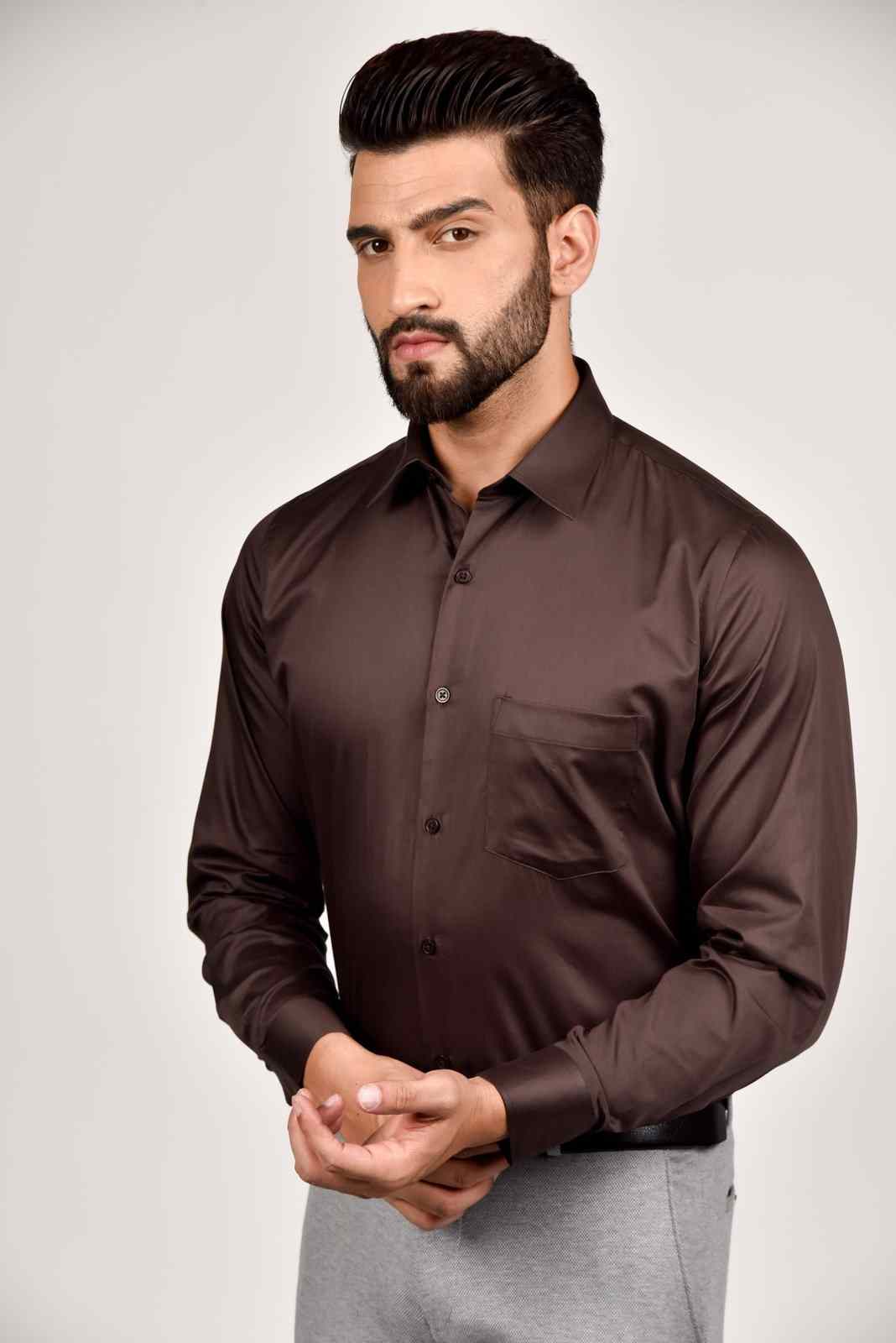 Brown Cotton Satin Shirt house-of-united