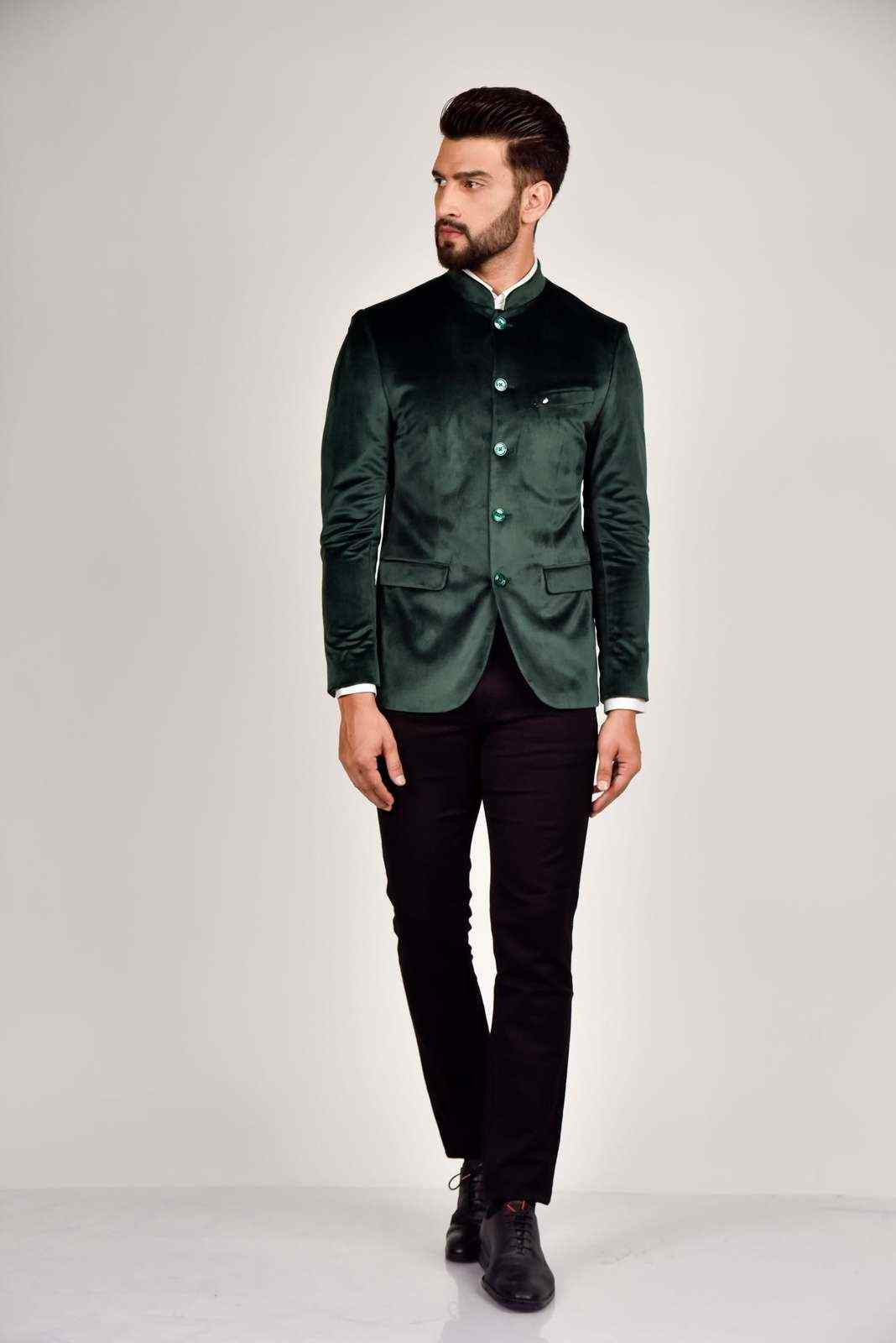 Green Velvet Bandhgala Blazer house-of-united