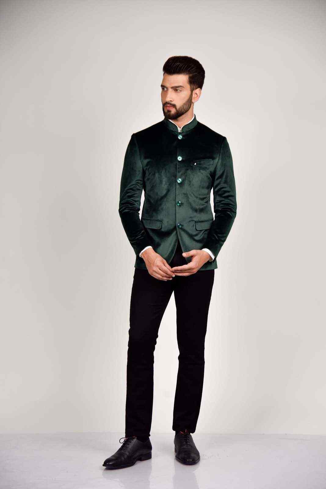 Green Velvet Bandhgala Blazer house-of-united