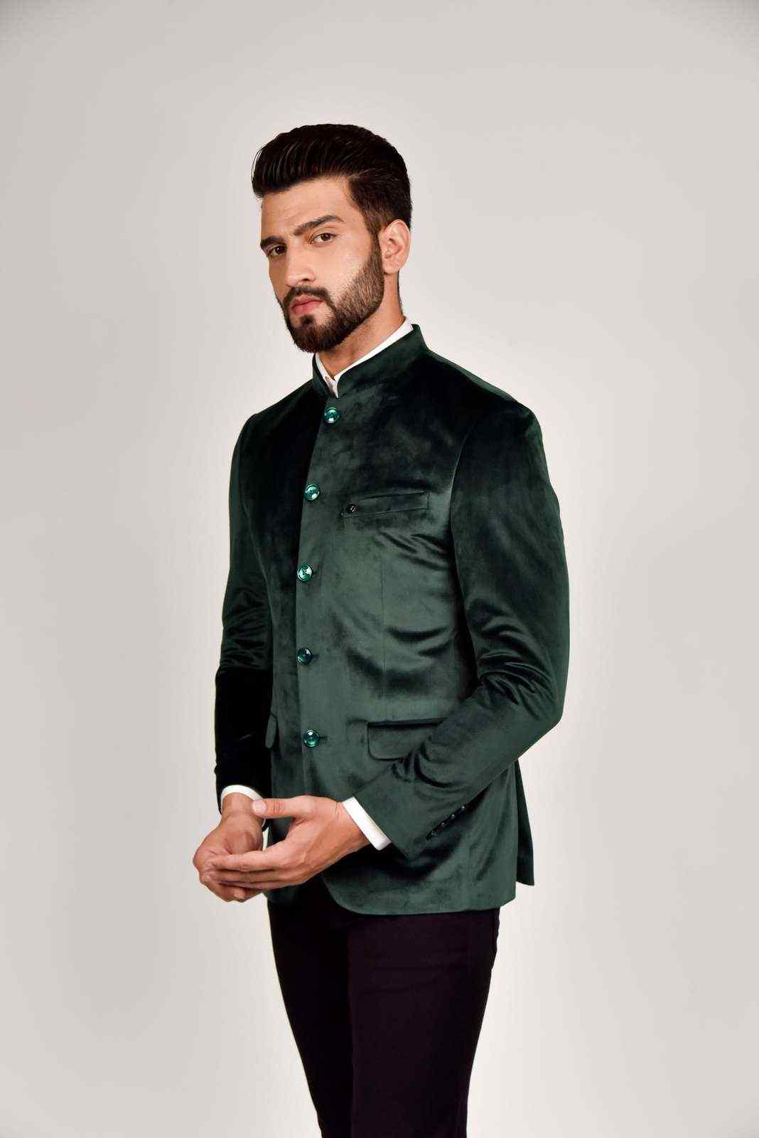 Green Velvet Bandhgala Blazer house-of-united