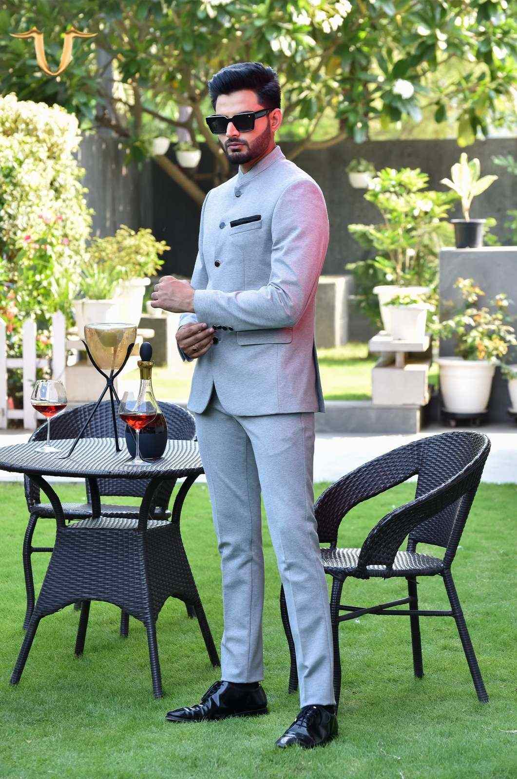 Light Grey Knitted 2 Pc Bandhgala Suit house-of-united
