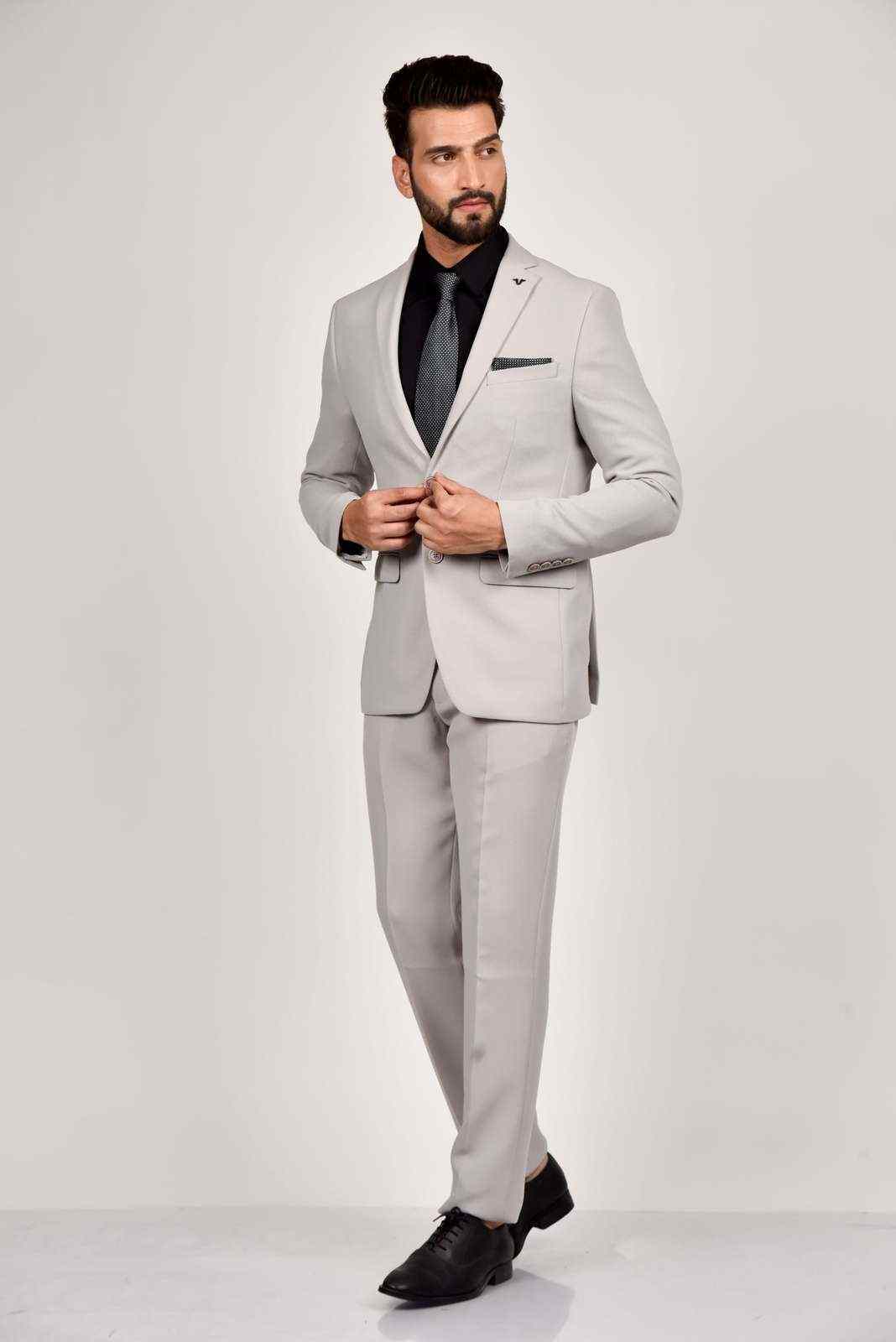 Light Grey Knitted 2 Pc Suit With Stretch house-of-united