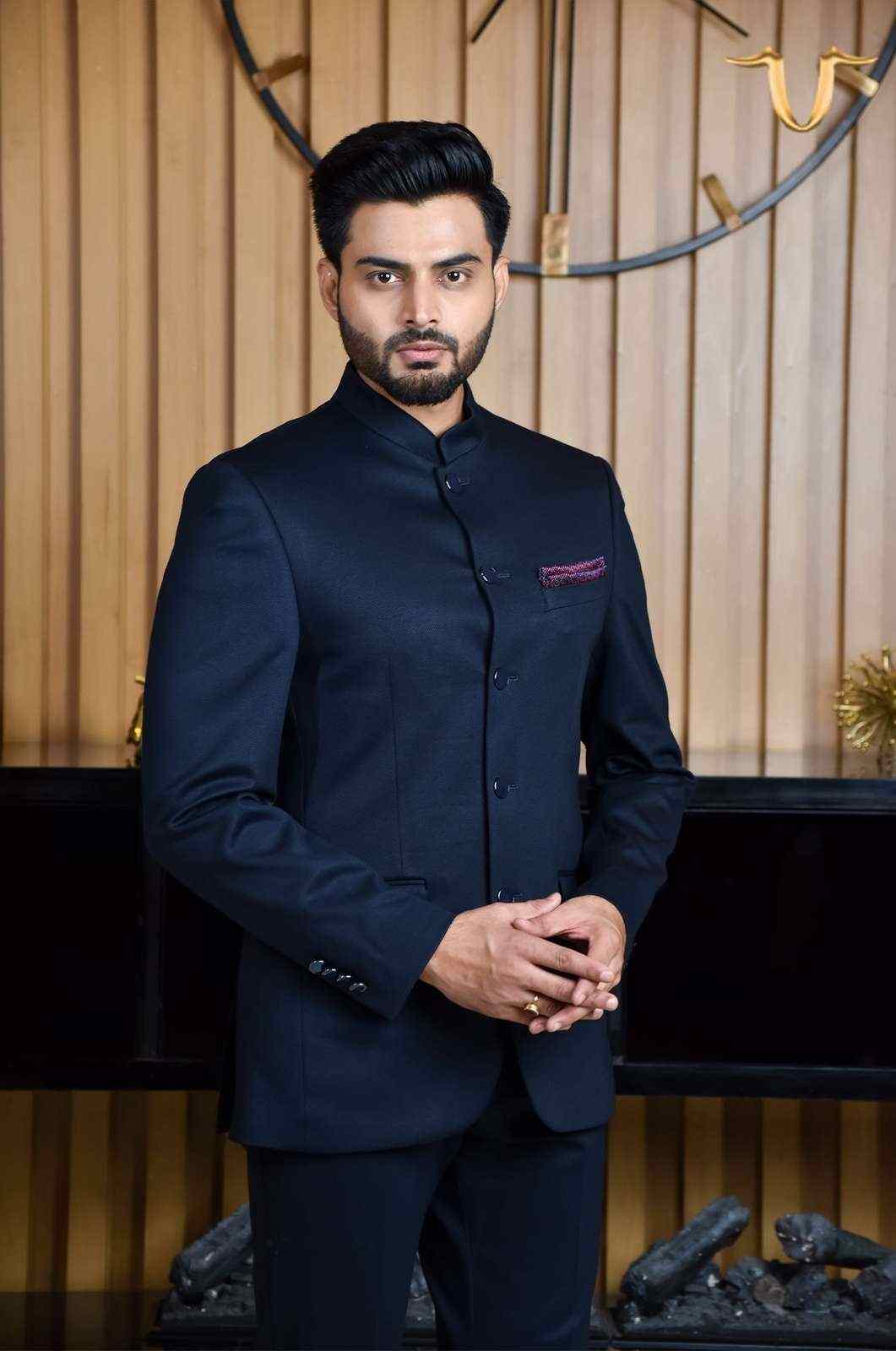 Black Knitted 2 Pc Bandhgala Suit house-of-united