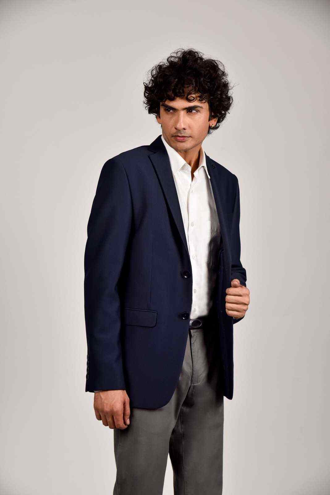 Navy Knitted Blazer with Stretch house-of-united