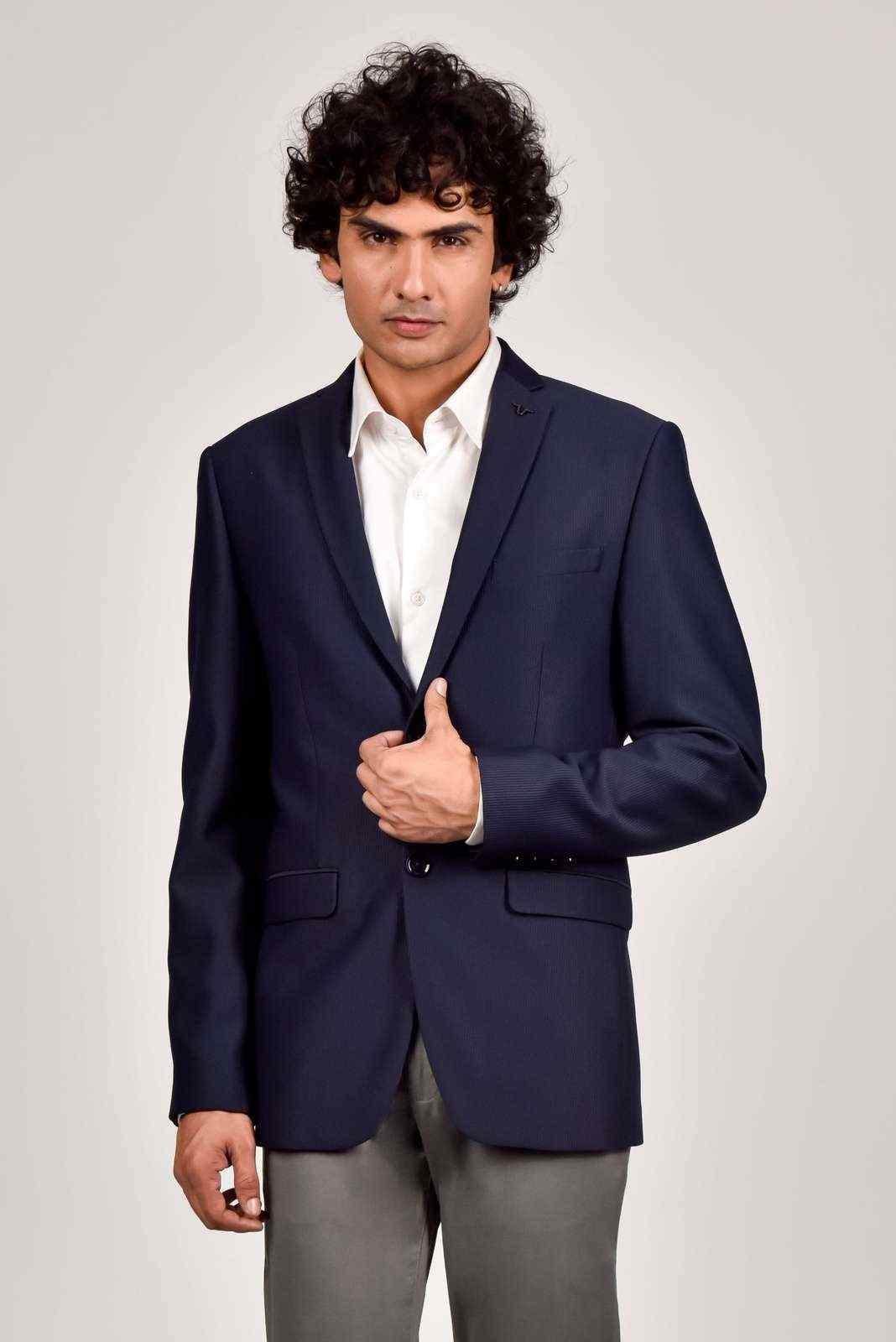 Navy Knitted Blazer with Stretch house-of-united